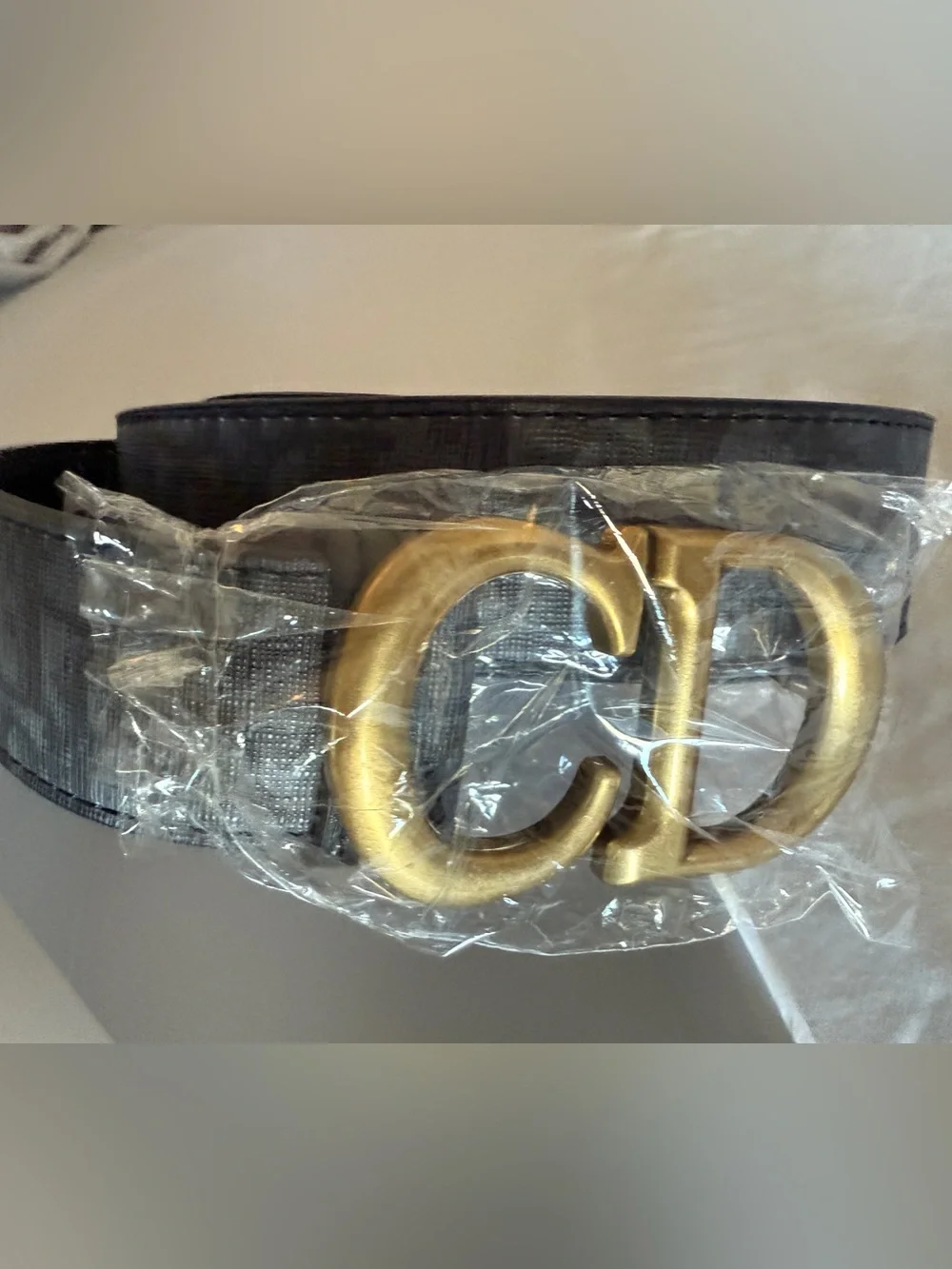 CD-Style Black Leather Belt with Gold Buckle Logo 42” Across 107 cm New